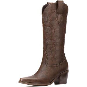 Women's Brown Embroidery Pointed Toe Chunky Heel Retro Western Cowgirl Booties